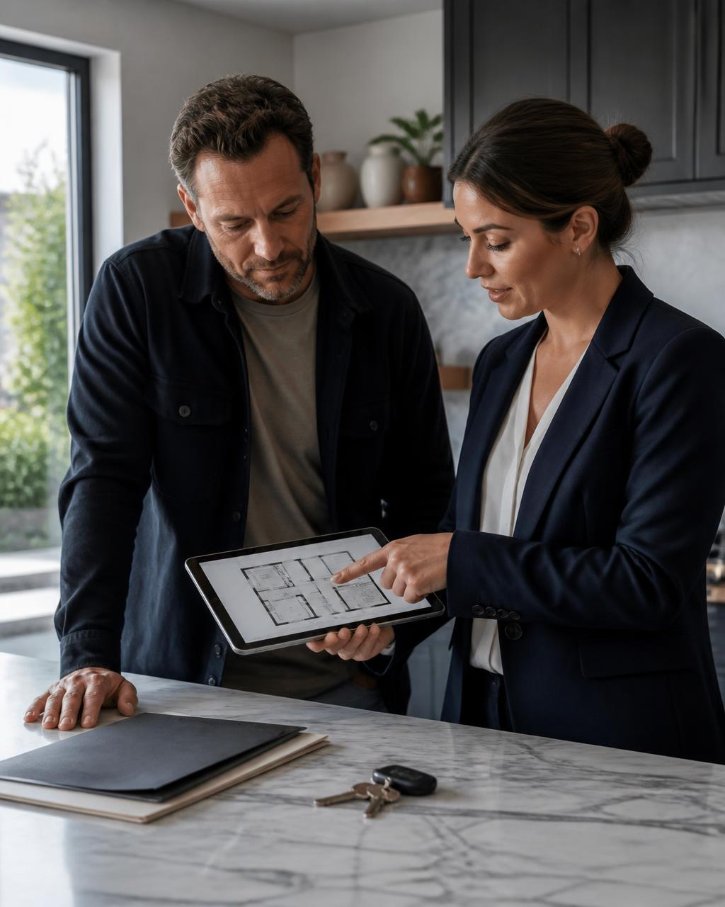 RMC inspector reviewing an inspection report with a client on a tablet