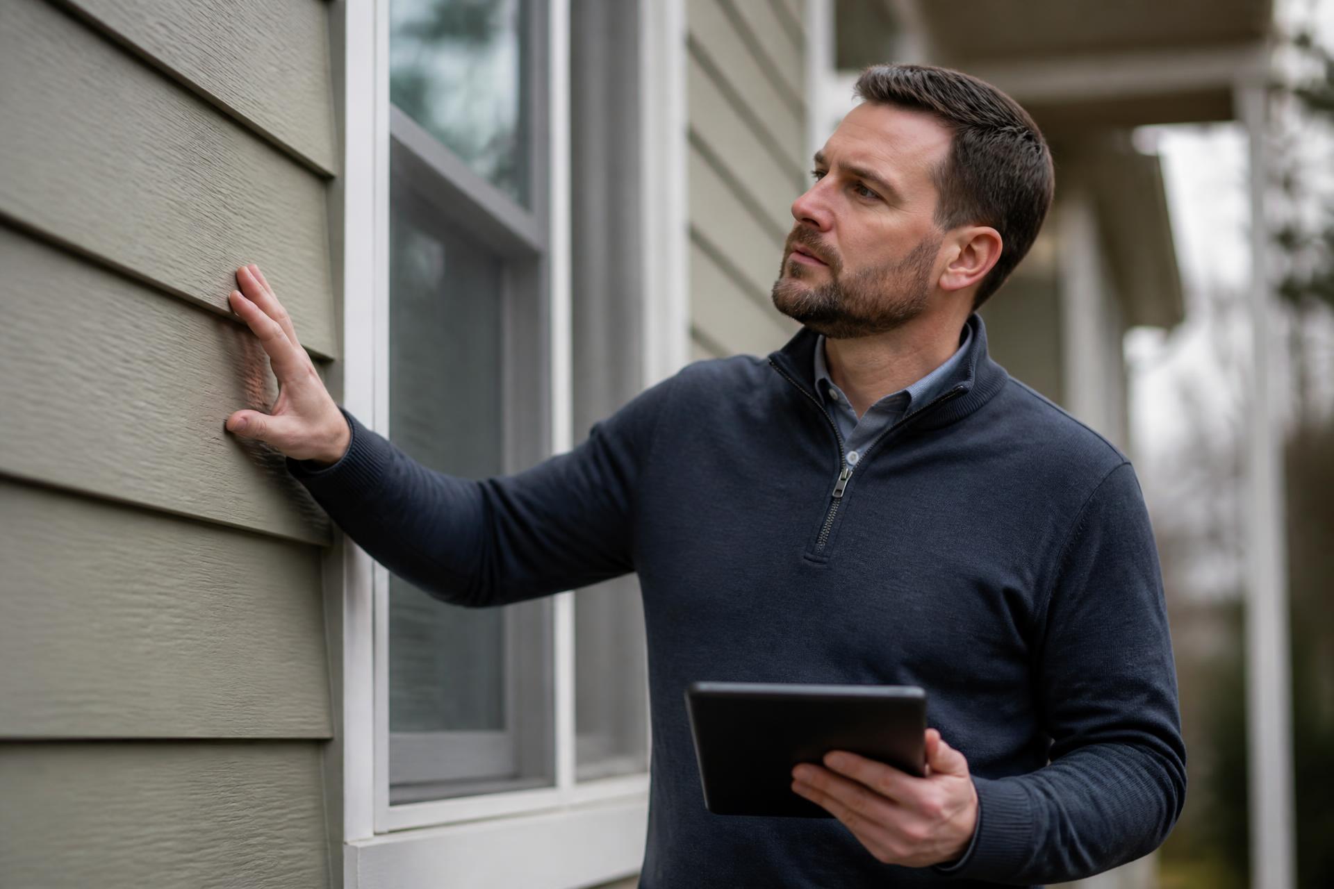 Home inspector examining exterior siding and window trim